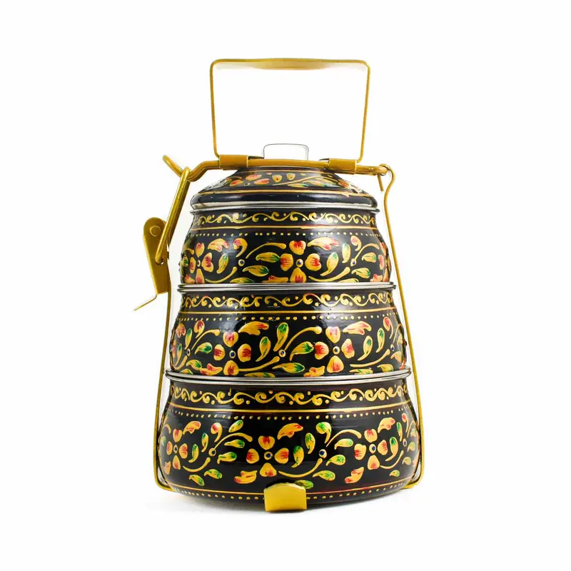 Artisan Black Three-Tier Hand-Painted Tiffin Box – 1.5L Capacity 1