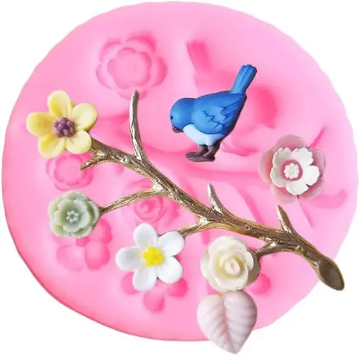 Bird Perched On Branch Silicone Mold With Natural Foliage 1