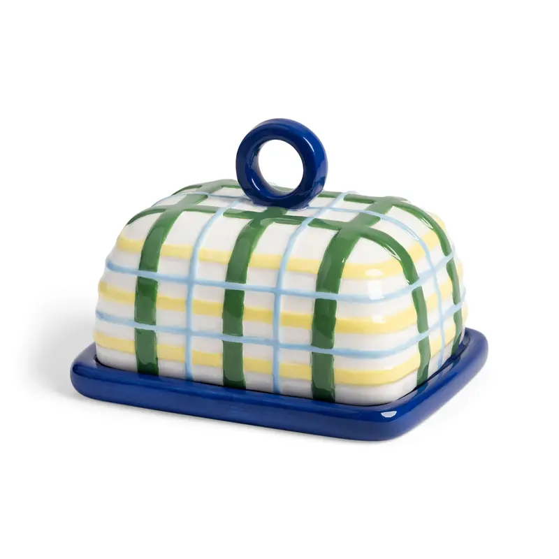 Blue Plaid Ceramic Butter Dish – Modern Farmhouse Tableware 1