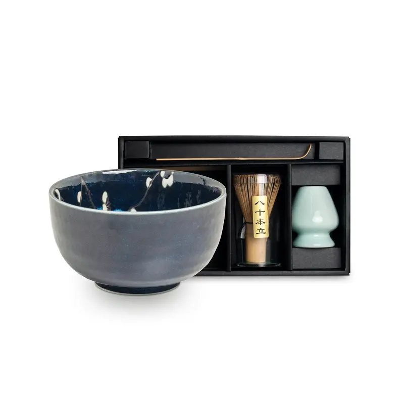 Blue Sakura Matcha Ceremony Set – Ceramic Bowl & Bamboo Whisk 1