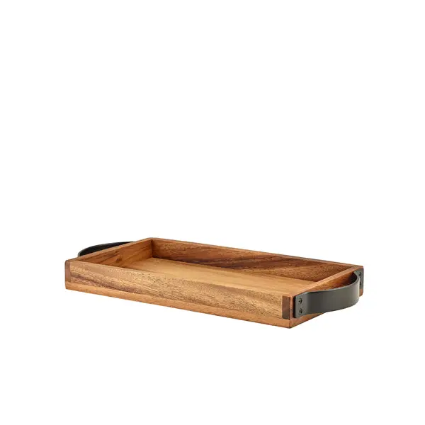 Genware Acacia Wood Serving Tray With Black Handles – 32.5 × 17.5 Cm – Single Unit 1