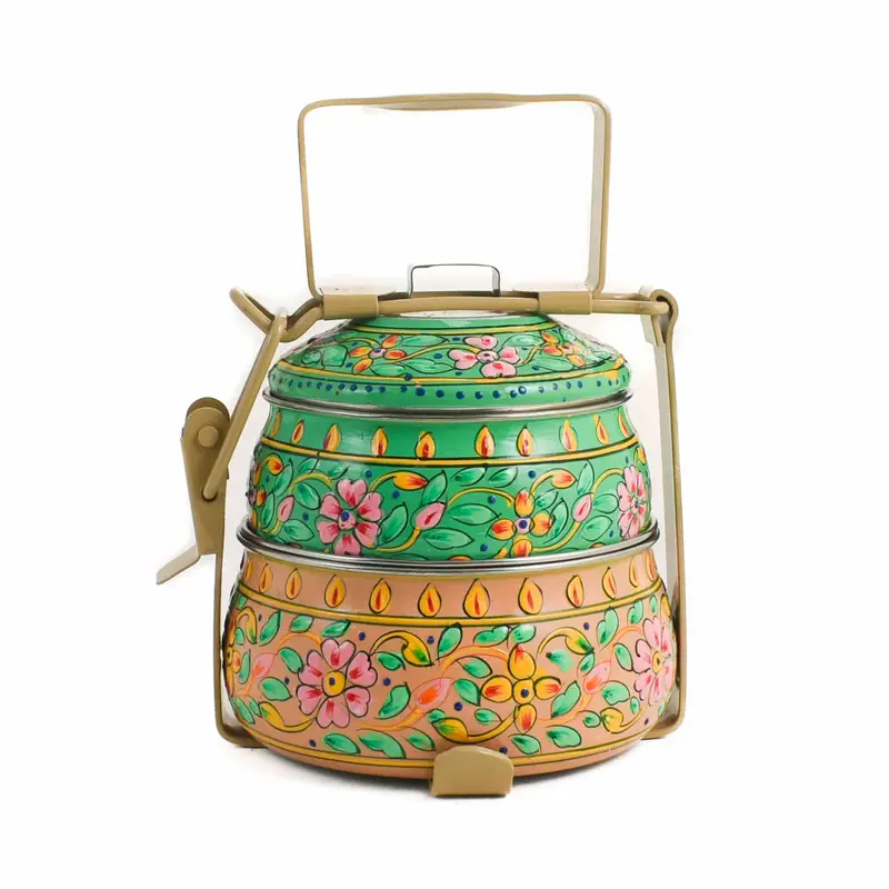 Hand-Decorated Two-Tier Pink & Green Tiffin Container – 750Ml 1