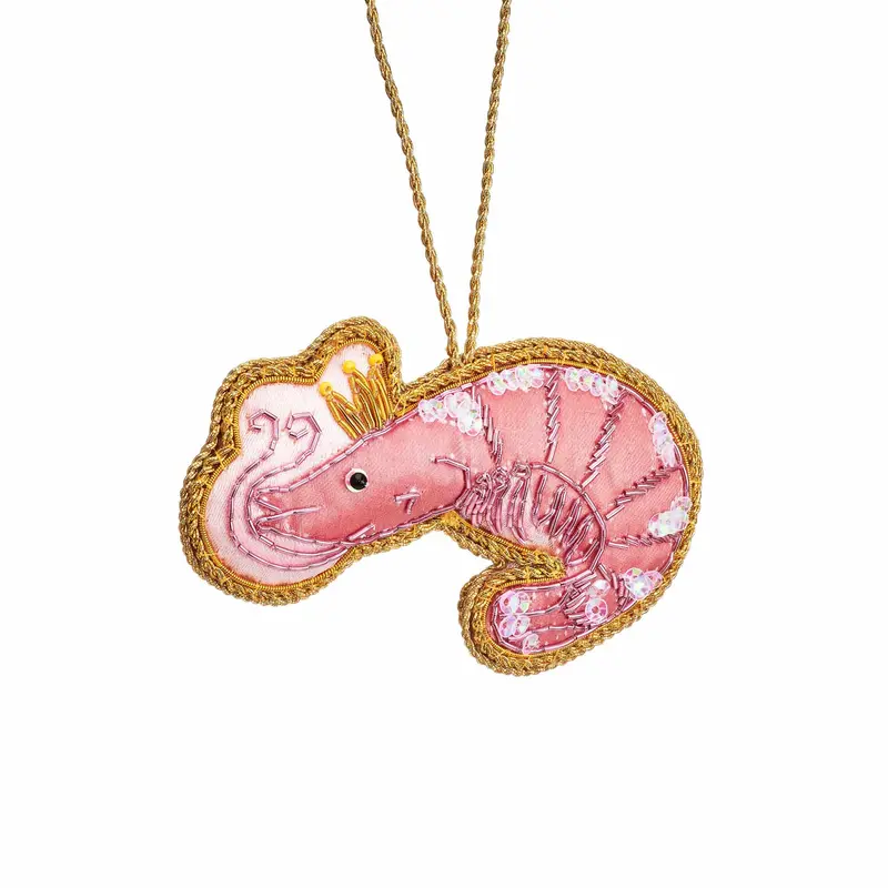Hand-Embroidered Prawn Tree Ornament – Zari Gold Thread Decoration 1