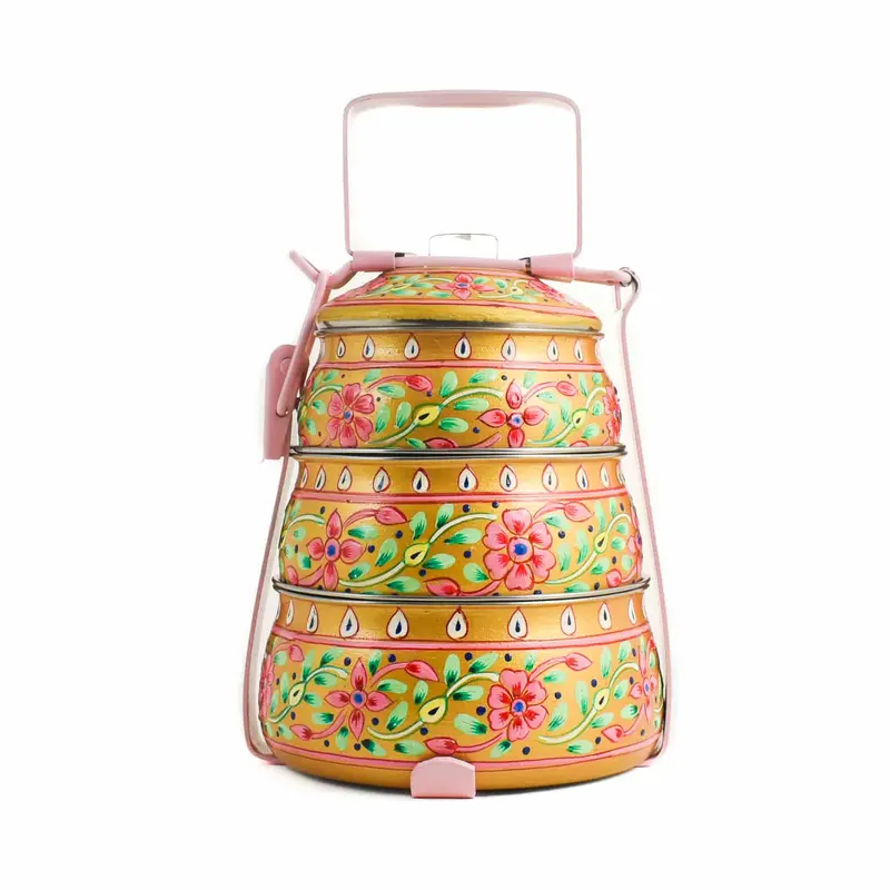 Hand-Painted Yellow Three-Tier Tiffin Box – Vintage-Inspired, 1.5L 1