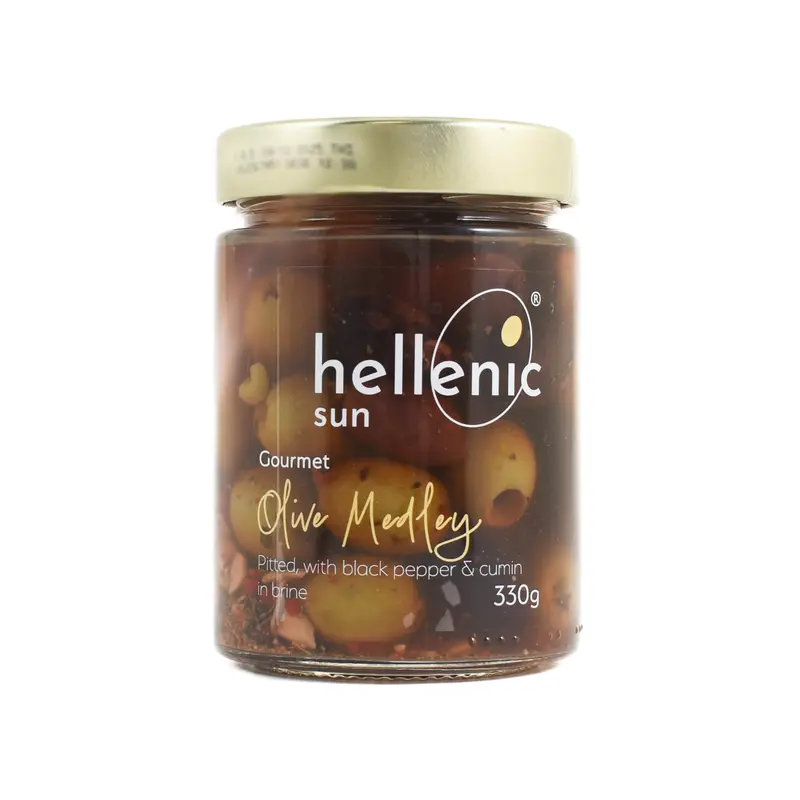 Hellenic Sun Olive Medley – Pitted Mixed Olives With Black Pepper & Cumin – 330G 1