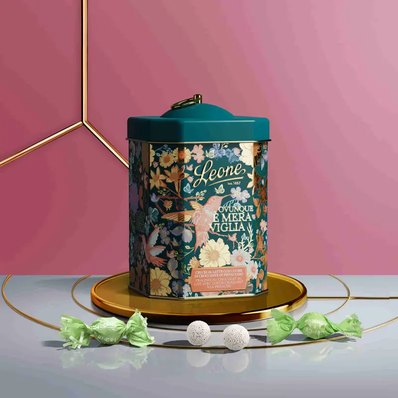 Leone Cri Cri Milk Chocolate & Pistachio Bars – Teal Floral Tin, 350G 1