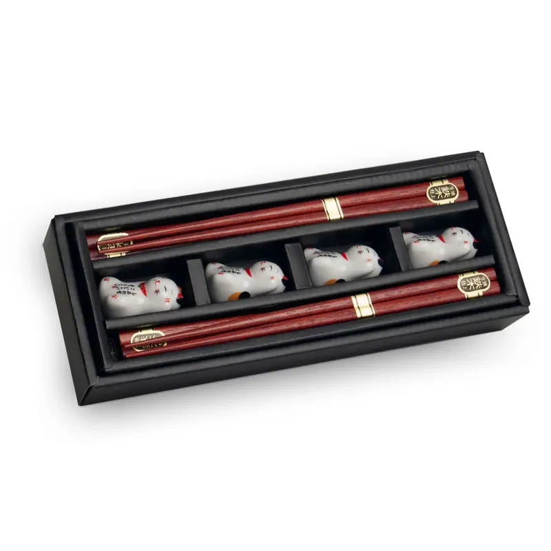 Lucky Cats Chopstick & Ceramic Rest Combo (4 Pairs) 1