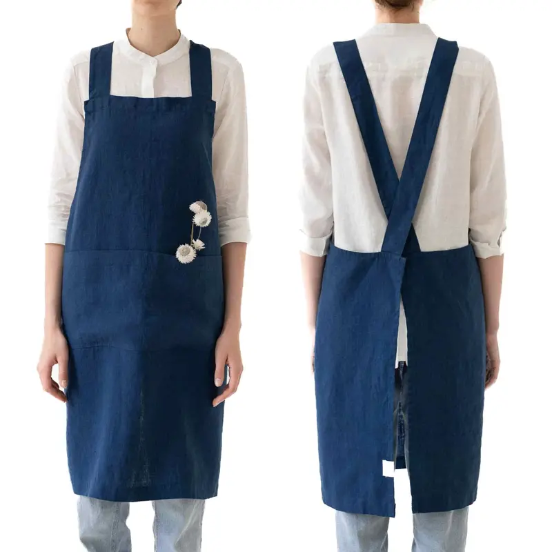 Navy Crossback Linen Apron – Structured Back Support For Extended Wear 1