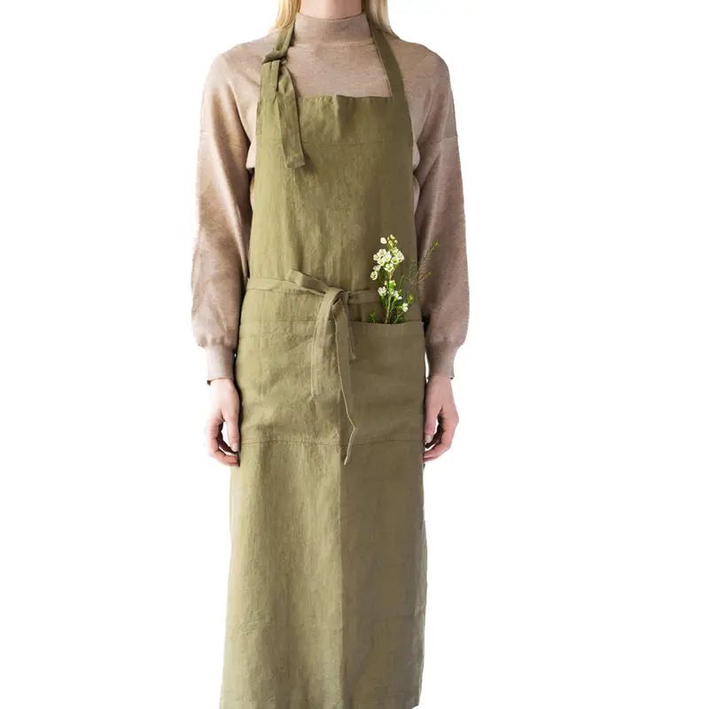 Olive Chef Linen Apron – Reinforced Straps, Full-Coverage Professional Fit 1