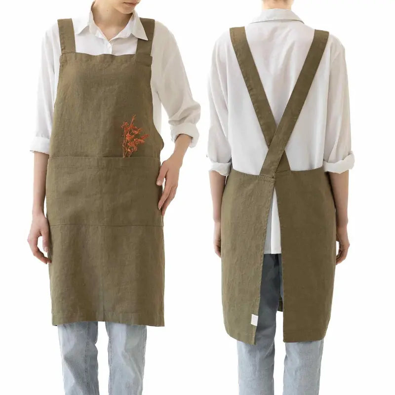 Olive Crossback Linen Apron – Comfort-Fit Design With Neck Strap Support 1