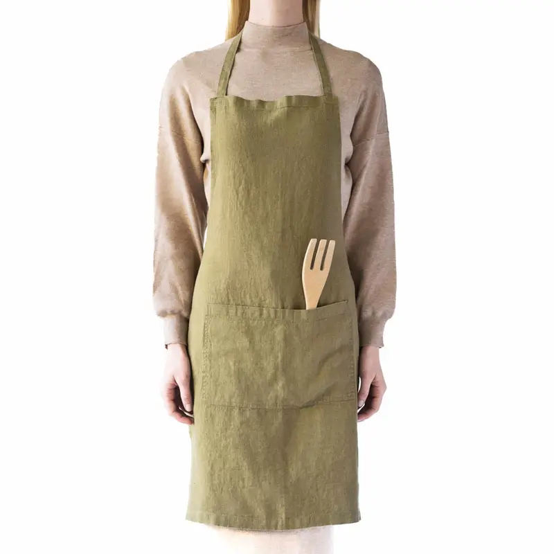 Olive-Green Daily Linen Apron – Casual Kitchen Protection With Pockets 1