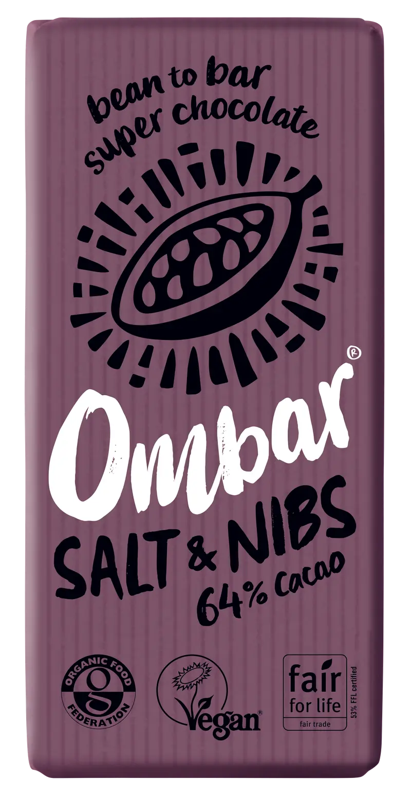 Ombar Salt & Cacao Nibs 64% Chocolate Bar – 10-Pack (70G Each) 1