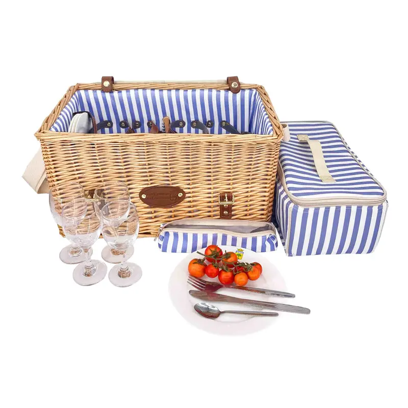 Saint-Malo Picnic Set – Blue-Striped 4-Person Basket With Foldable Table 1