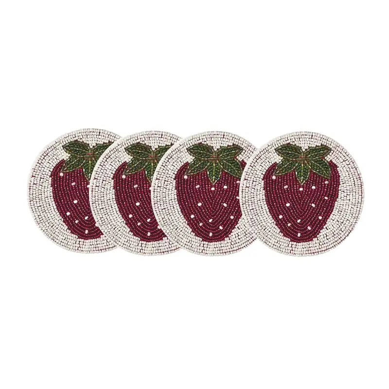 Set Of 4 Beaded Coasters Featuring Strawberry Motifs 1