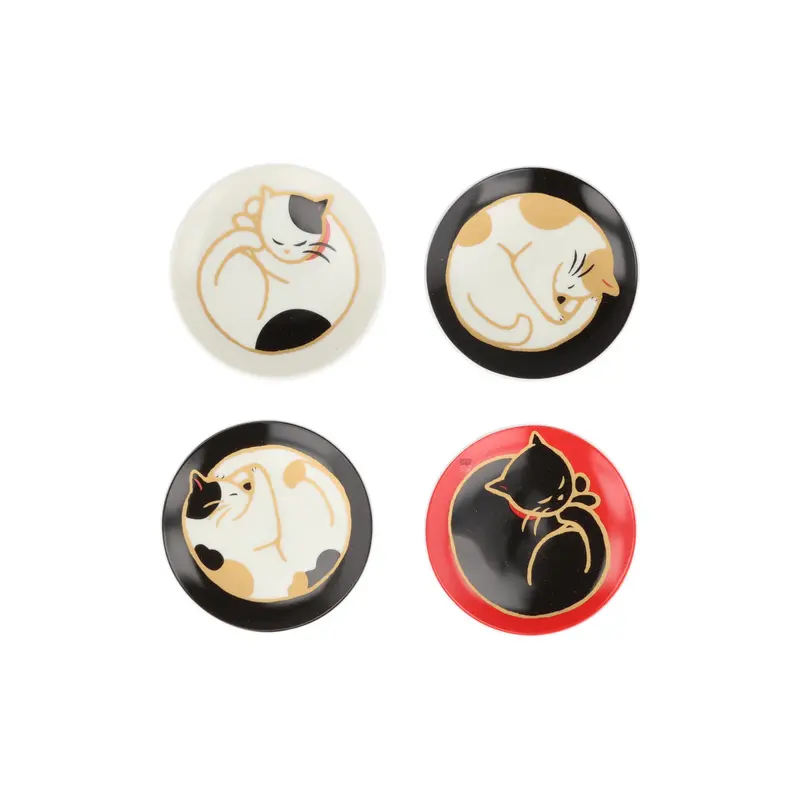 Set Of 4 Sleeping Cat Side Plates – Japanese Ceramic, 9Cm Each 1