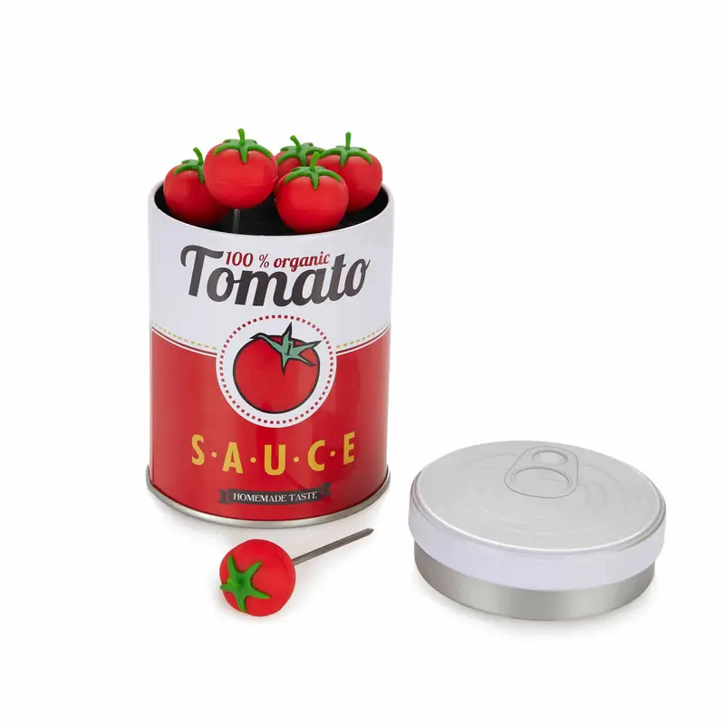 Set Of 6 Tomato-Shaped Cocktail Picks – Elegant Tin Presentation 1
