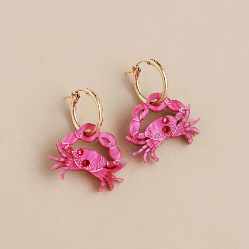 Wolf & Moon Pink Crab Hoop Earrings – Artisanal Colored Brass 1