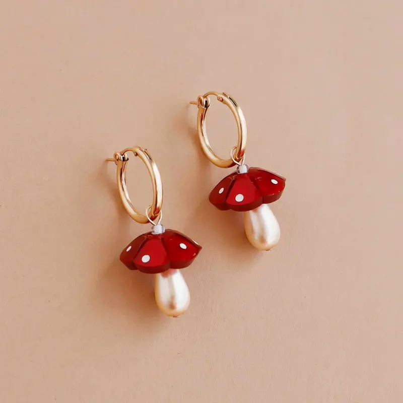 Wolf & Moon Red Mushroom Hoop Earrings – Botanical-Inspired Ceramic Pair 1